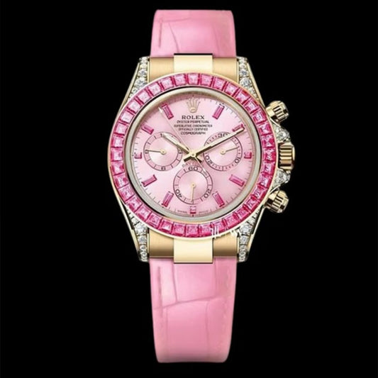 Luxury Pink Chronograph Watch with Diamond Bezel & Silicone Strap