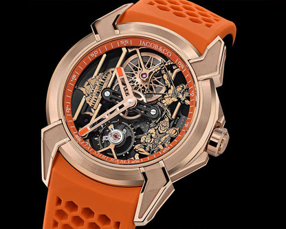 Luxury Skeleton Dial Automatic Watch with Orange Silicone Strap – Rose Gold Finish